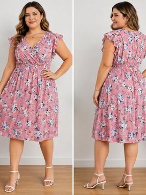 Angie Plus 3X Pink Floral Wrap Style Dress Ruffle Sleeve Knee Length Boho Romant